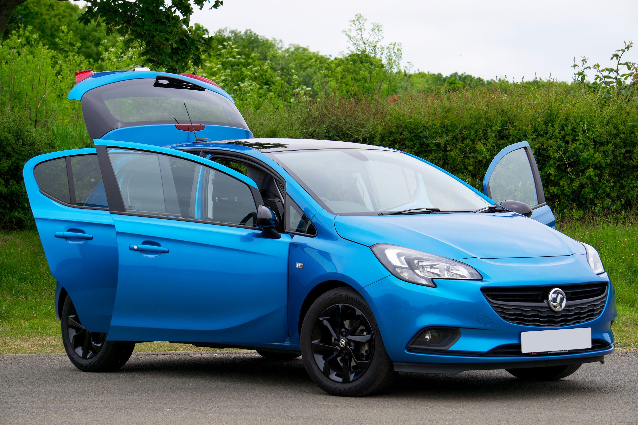 Voiture bleue portes ouvertes route verdoyante