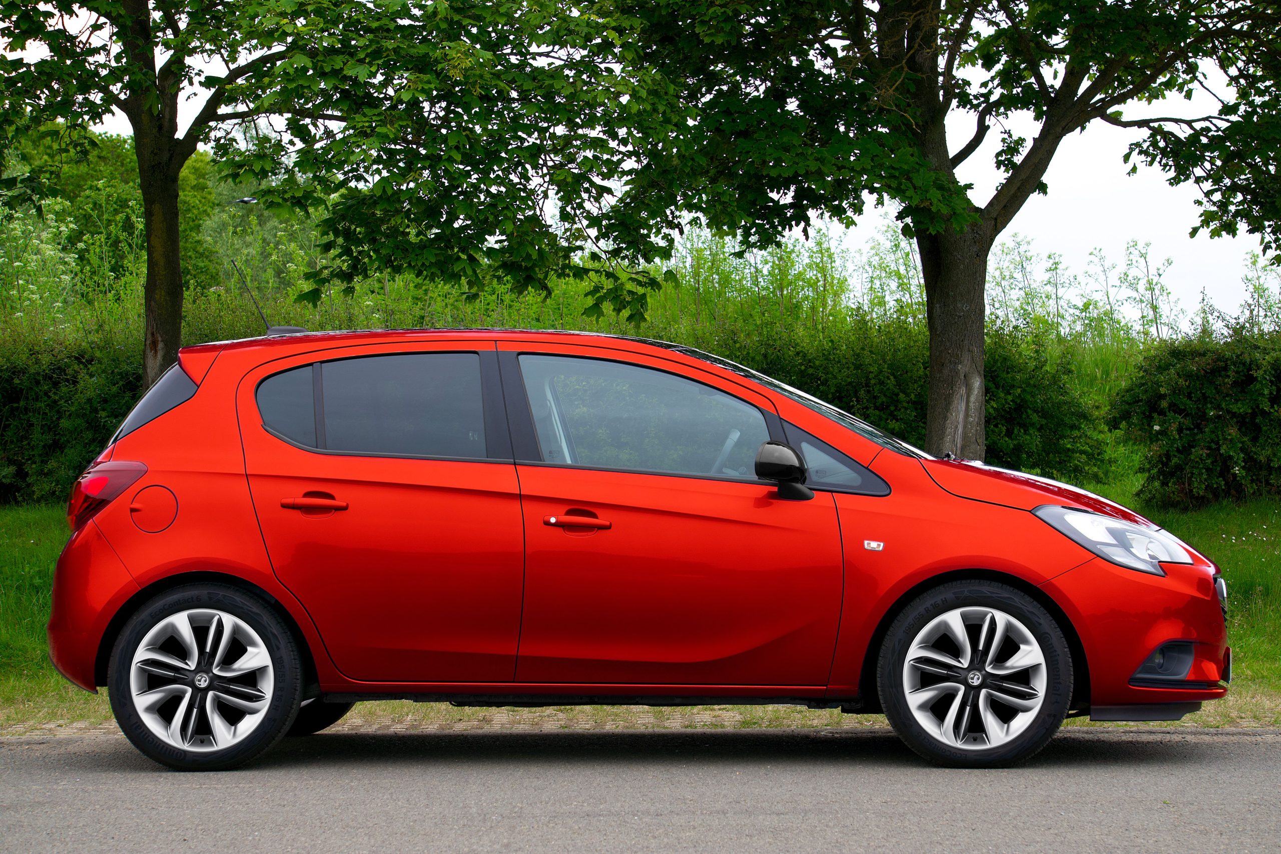 Clio hatchback rouge entourée de verdure.